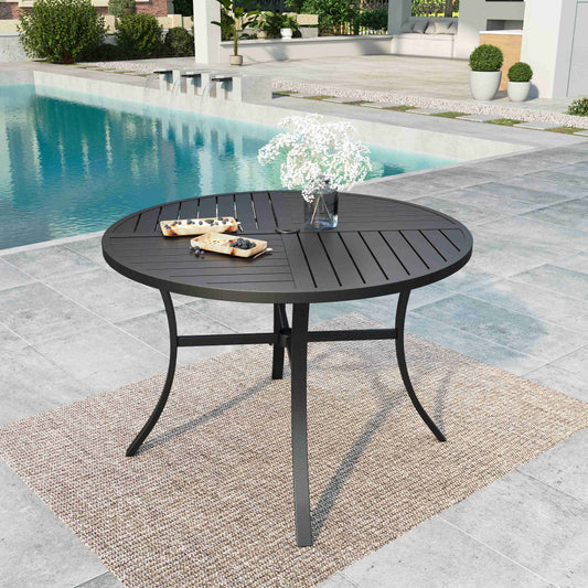 MF Studio Outdoor Patio Dining Table, Round Outdoor Metal Table with Umbrella Hole, Black