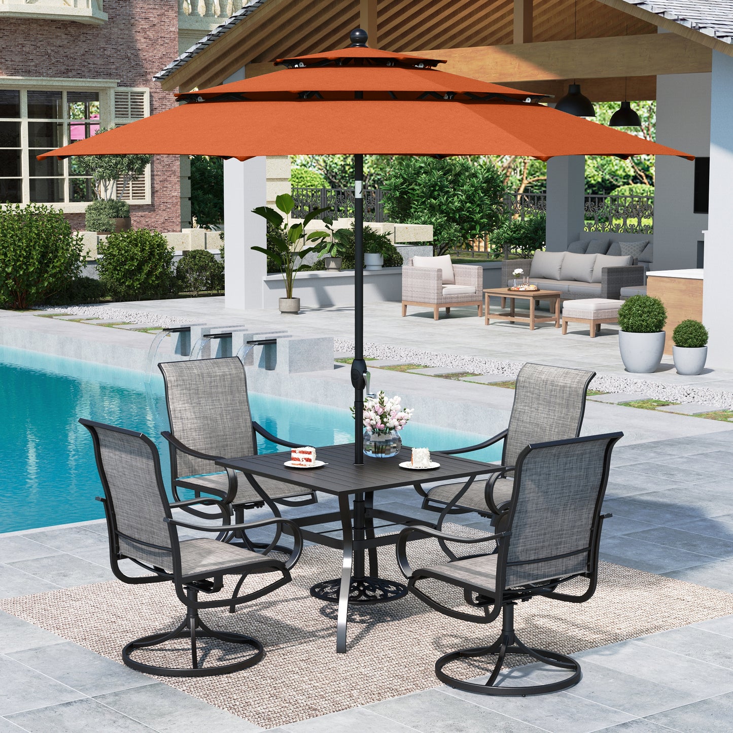 MF Studio 4-seat Outdoor Patio Dining Set with 3 Tiers 10FT Red Umbrella, 4 Swivel Outdoor Chairs & 37” Square Outdoor Table, Black & Brown-Gray