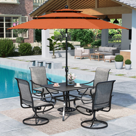 MF Studio 6-Piece Outdoor Patio Dining Set with 3 Tiers 10FT Red Umbrella, 4 Swivel Outdoor Chairs & 37¡± Square Outdoor Table, Black & Brown-Gray