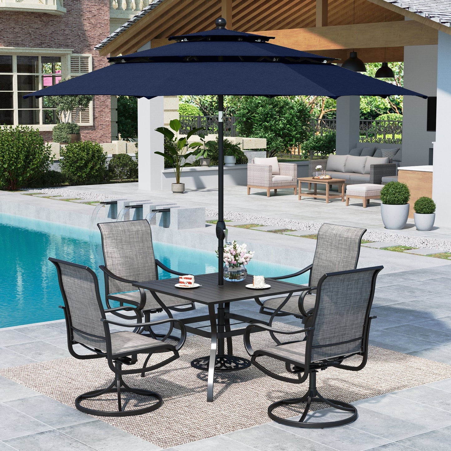 Summit Living 6-Piece Outdoor Patio Dining Set with 3 Tiers 10FT Navy Blue Umbrella, 4 swivel Outdoor Chairs & 37" Square Outdoor Table, Black & Brown-Gray