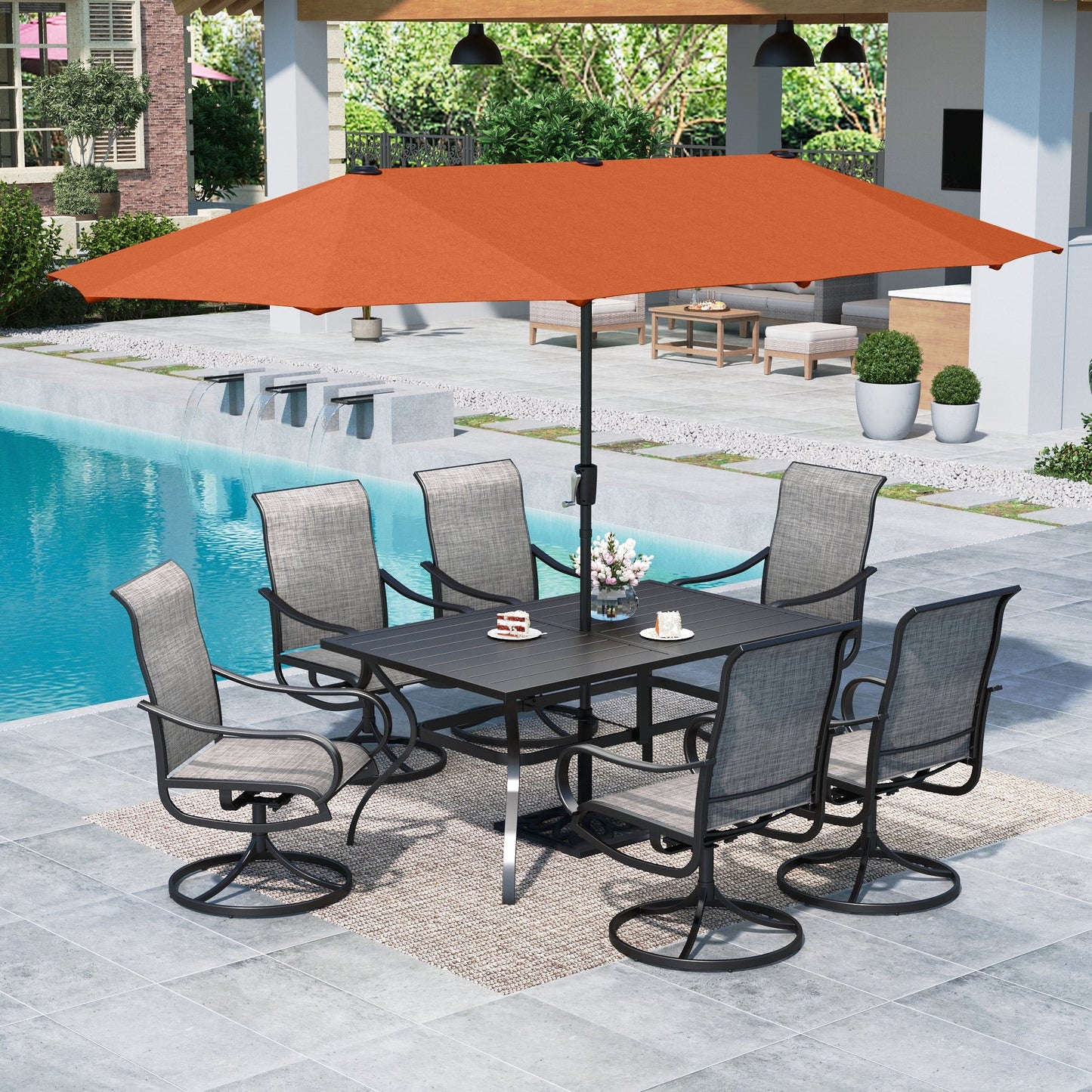 MF Studio 8-Piece Outdoor Patio Dining Set with 13ft Red Patio Umbrella, 6 Textilene Outdoor Swivel Chairs & 1 Large Metal Rectangle Table, Black & Brown-Gray