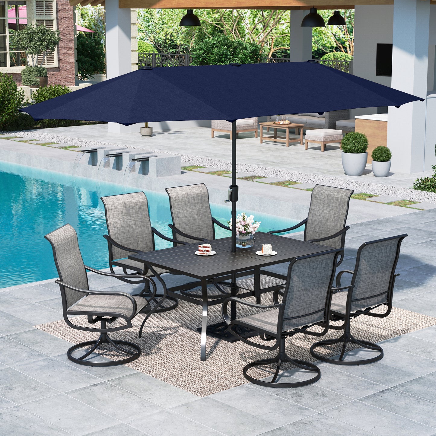 Summit Living 6-seat Outdoor Patio Dining Set with 13ft Navy Blue Patio Umbrella, 6 Textilene Outdoor Swivel Chairs & 1 Large Metal Rectangle Table, Black & Brown-Gray