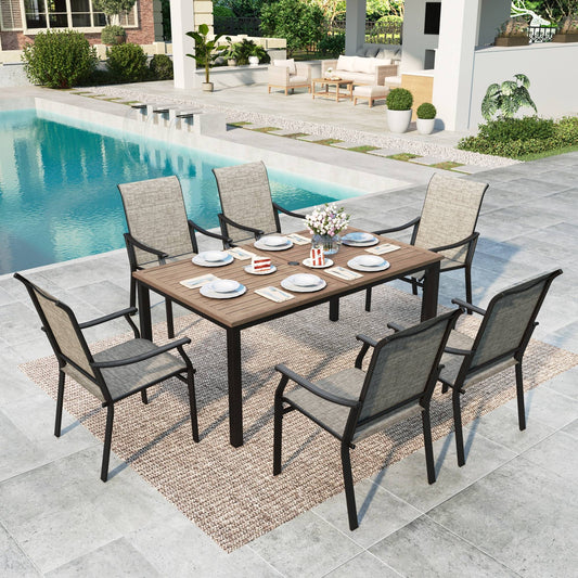 Summit Living 7-Piece Outdoor Dining Set with Textilene Chairs & Rectangle Wood-Like Light Brown Table, Black & Gray Brown