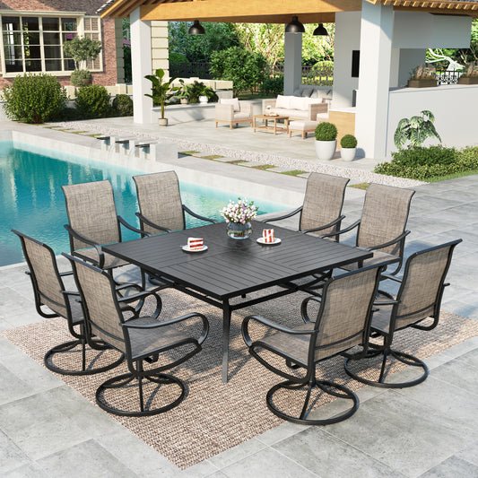 Summit Living 9-Piece Outdoor Patio Dining Set with Swivel Dining Chair and Square Table for 8 Person, Black & Brown Gray