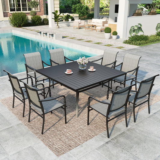 Summit Living 9-Piece Outdoor Patio Dining Set, 8 Textilene Neoclassical Style Armchair & 60" Large Square Outdoor Table with Umbrella Hole, Black & Brown-Gray