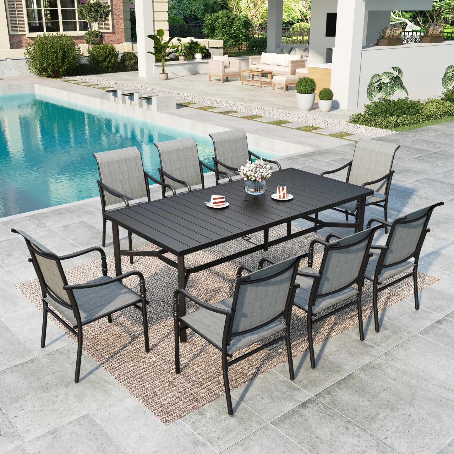 Summit Living 9-Piece Outdoor Patio Dining Set, 8 Textilene Neoclassical Style Armchair & 83" Large Rectangle Outdoor Table with Umbrella Hole, Black & Brown-Gray