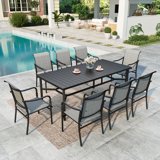 Summit Living 8-seat Outdoor Patio Dining Set, 8 Textilene Neoclassical Style Armchair & 83" Large Rectangle Outdoor Table with Umbrella Hole, Black & Brown-Gray