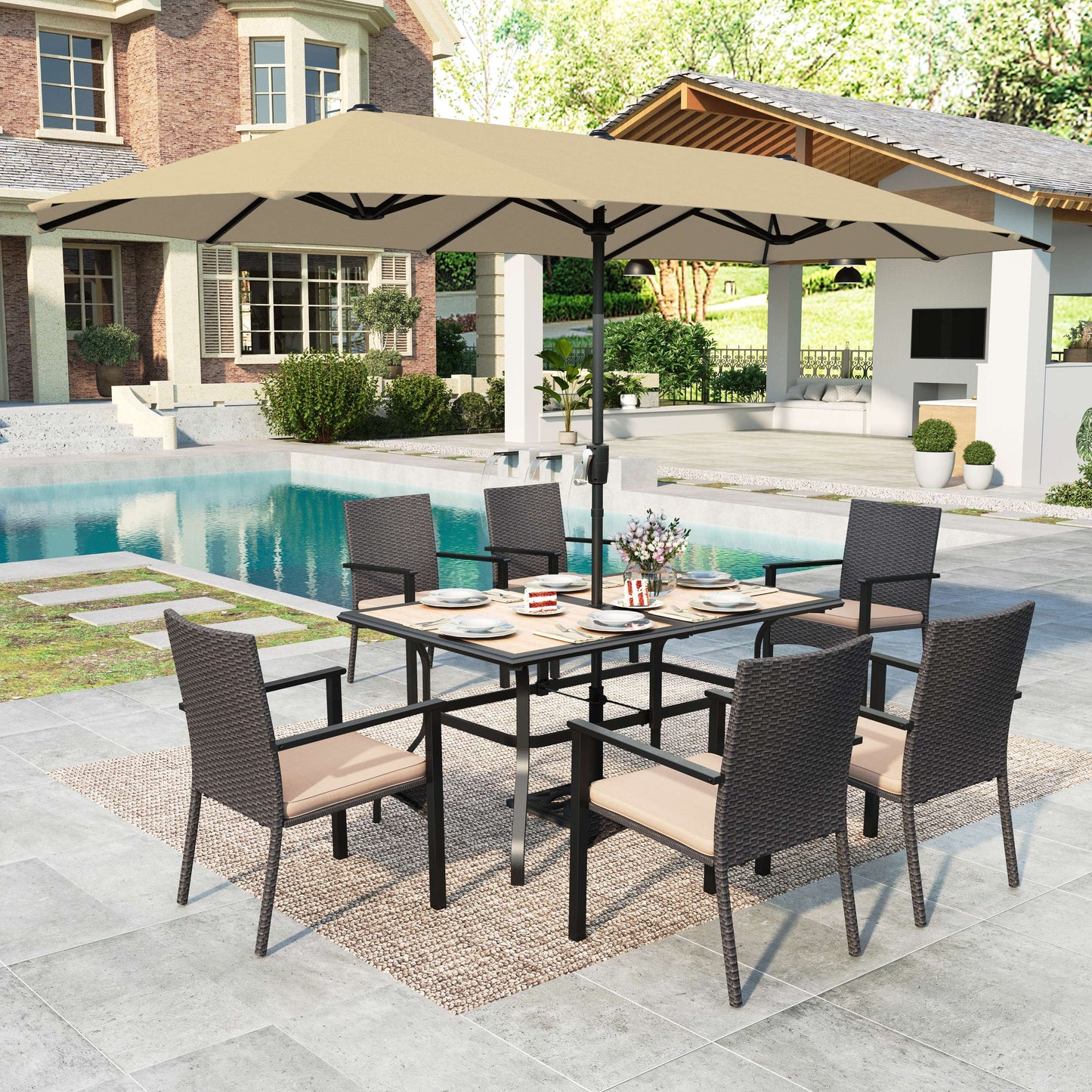 Summit Living Set of 8 Outdoor Patio Dining Set with 13 ft Patio Umbrella, 6 Wicker Chairs & Rectangular Wood-Like Table, Black, Brown & Beige