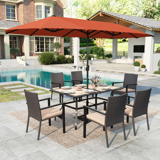 Summit Living Set of 8 Outdoor Patio Dining Set with 13 ft Patio Umbrella, 6 Wicker Chairs & Rectangular Wood-Like Table, Black, Brown & Red