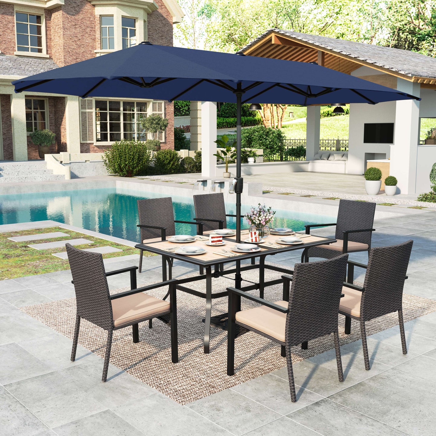 Summit Living Set of 8 Outdoor Patio Dining Set with 13 ft Patio Umbrella, 6 Wicker Chairs & Rectangular Wood-Like Table, Black, Brown & Navy Blue