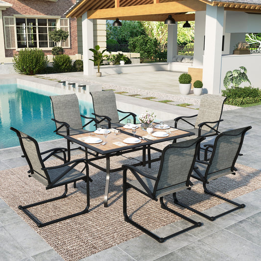 Summit Living 7-Piece Outdoor Patio Dining Set with 6 C-Spring Textilene Chairs & Rectangle Steel Table with Wooden Tabletop for 6-Person, Black & Gray