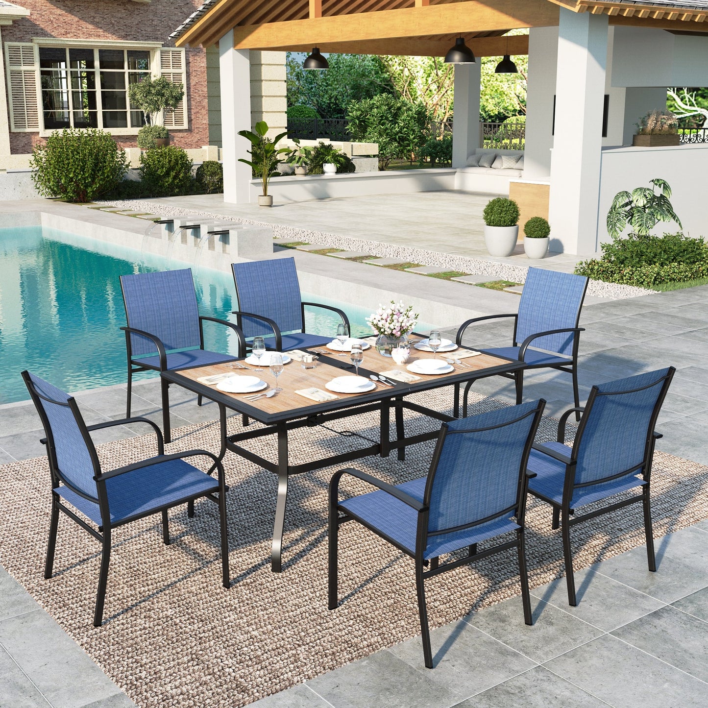 Summit Living 7-Piece Outdoor Patio Dining Set with Rectangle Steel Table with Wooden Tabletop & Blue Textilene Chairs for 6-Person