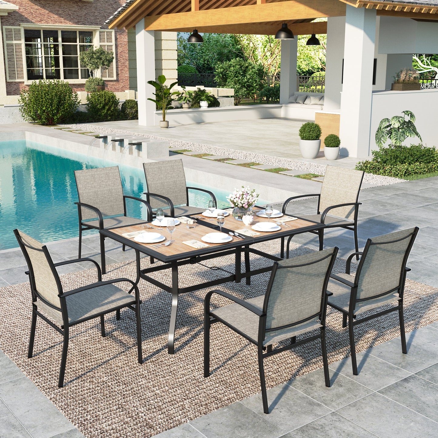 Summit Living 7-Piece Outdoor Patio Dining Set with Rectangle Steel Table with Wooden Tabletop & Textilene Chairs for 6-Person, Black & Gray