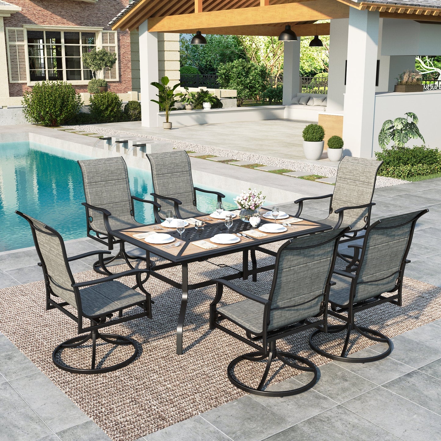 Summit Living 7-Piece Outdoor Patio Dining Set with 6 Swivel Textilene Chairs & Rectangle Steel Table with Wooden Tabletop for 6-Person, Black & Gray