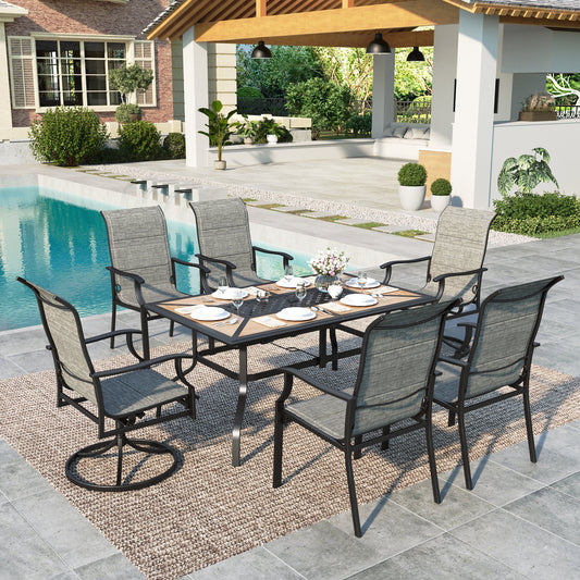 Summit Living 7-Piece Outdoor Patio Dining Set with Swivel Textilene Chairs & Rectangle Steel Table with Wooden Tabletop for 6-Person, Black & Gray