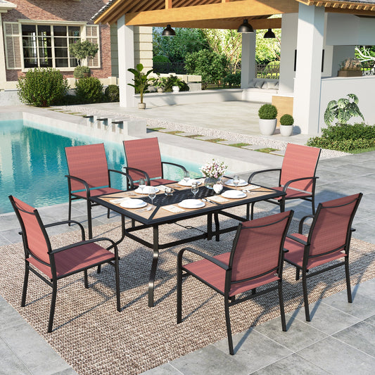 Summit Living 7-Piece Outdoor Patio Dining Set with Rectangle Steel Table with Wooden Tabletop & Textilene Chairs for 6-Person, Black & Red