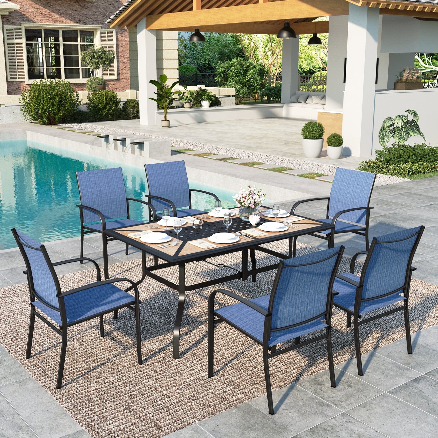 Summit Living 7-Piece Outdoor Patio Dining Set with Rectangle Steel Table with Wooden Tabletop & Textilene Chairs for 6-Person, Black & Blue