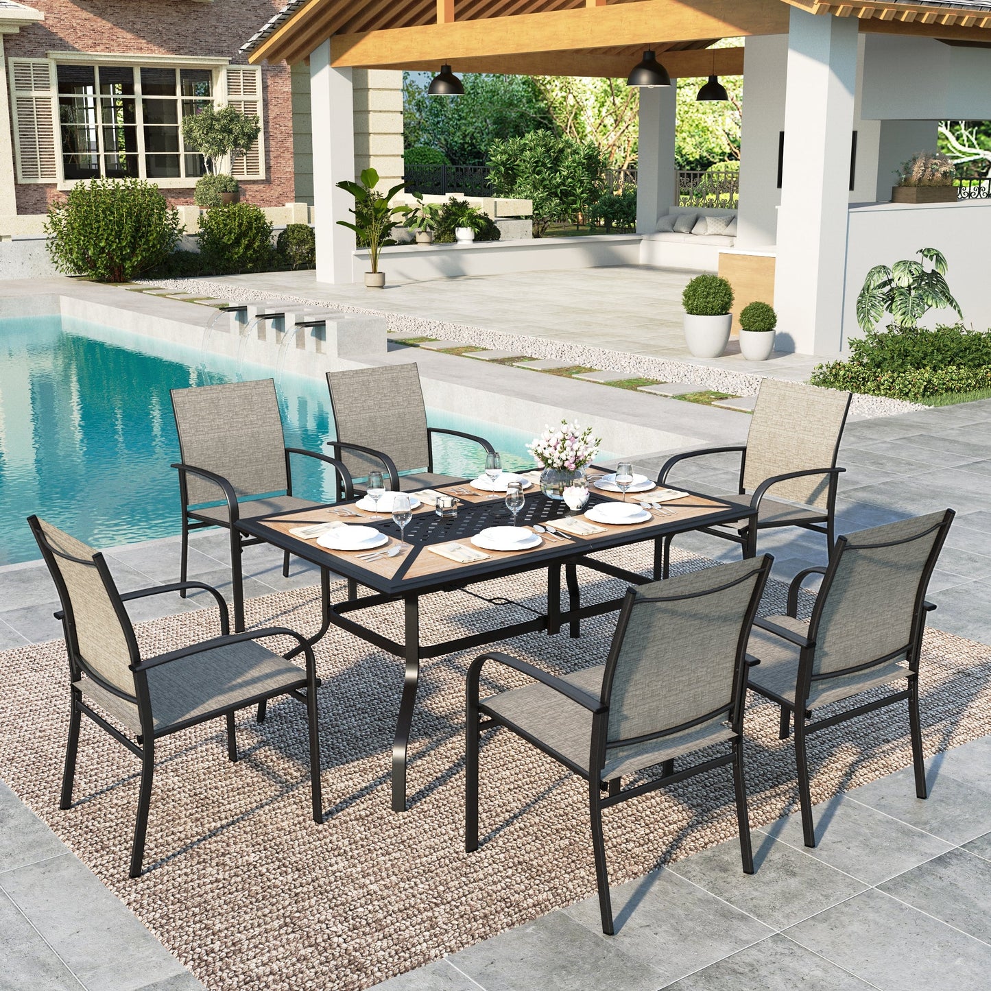 Summit Living 7-Piece Outdoor Patio Dining Set with Rectangle Steel Table with Wooden Tabletop & Textilene Chairs for 6-Person, Black & Gray