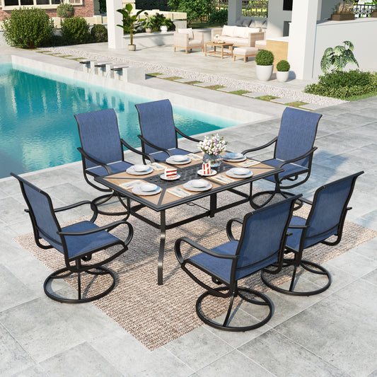 Summit Living 7-Piece Outdoor Patio Dining Set, Swivel Textilene Chair & Wood-look Top Table with Umbrella Hole, Black & Blue