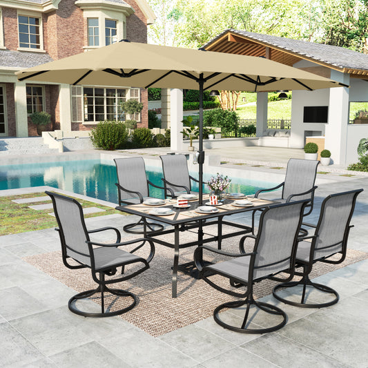 Summit Living 8-Piece Outdoor Patio Dining Set with 13ft Beige Patio Umbrella, Swivel Textilene Chair & Wood-like Top Table, Black & Light-gray