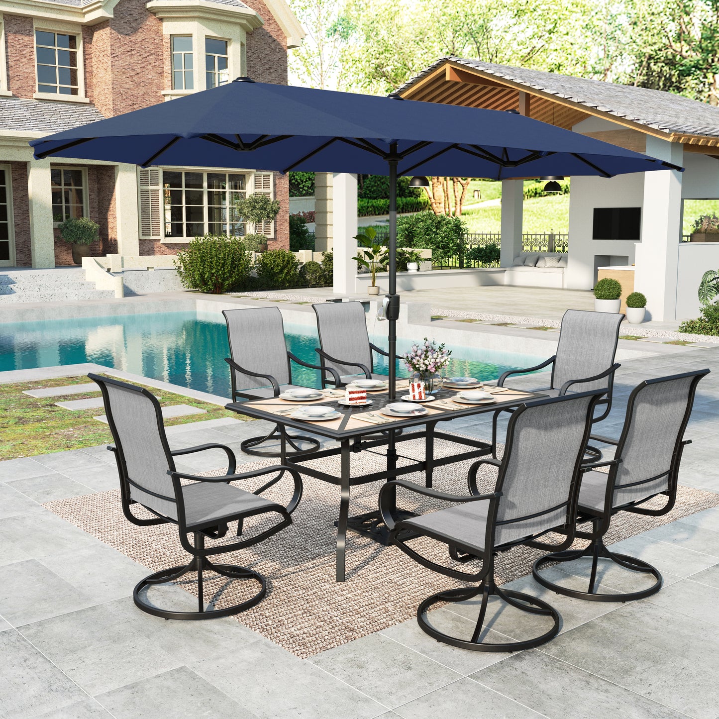 Summit Living 8-Piece Outdoor Patio Dining Set with 13ft Navy Blue Patio Umbrella, Swivel Textilene Chair & Wood-like Top Table, Black & Light-gray