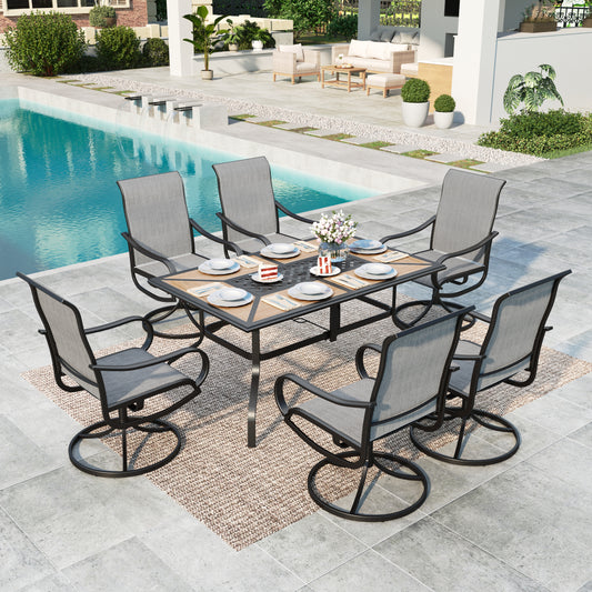 Summit Living 7-Piece Outdoor Patio Dining Set, Swivel Textilene Chair & Wood-like Tabletop with Umbrella Hole, Black & Lighgt Gray