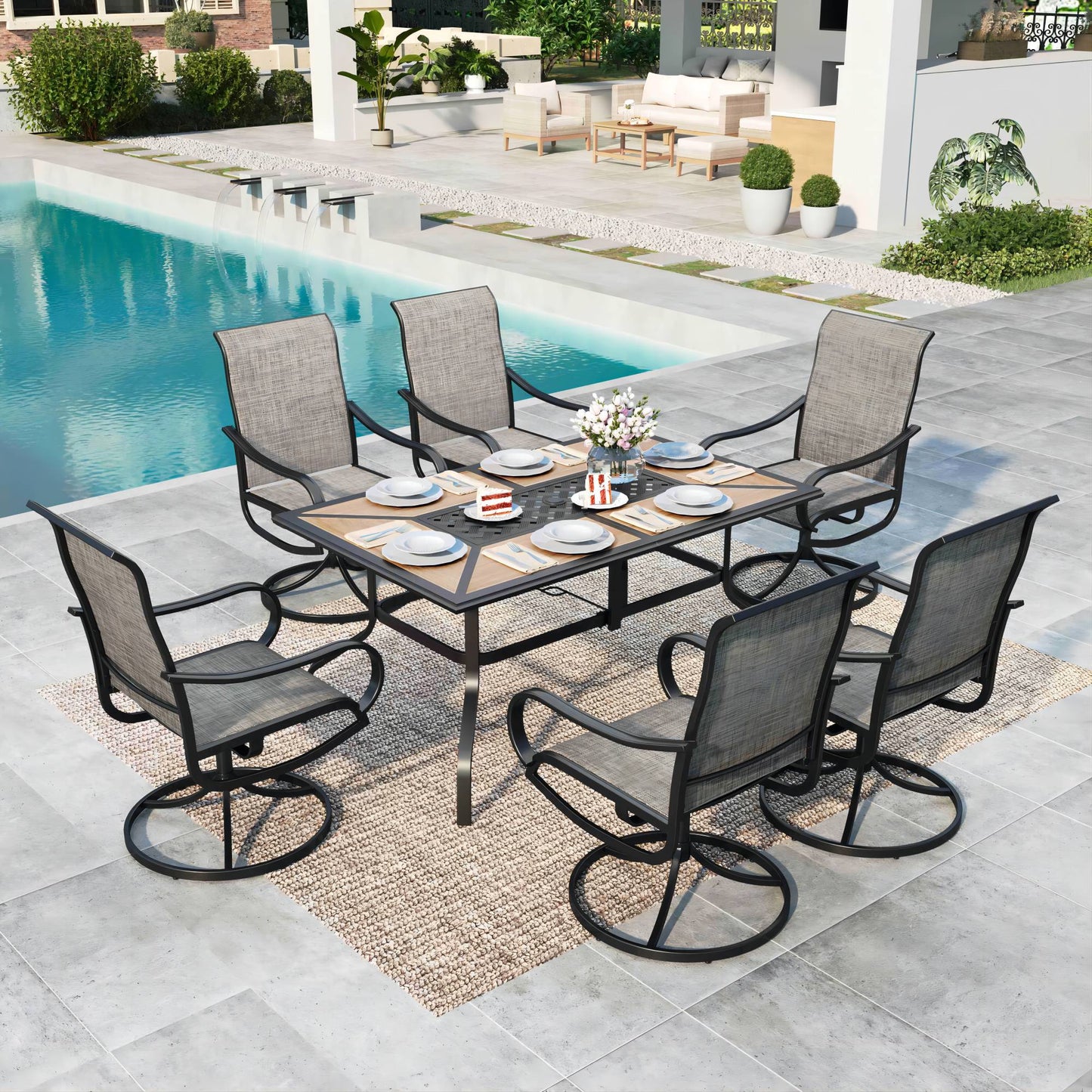 Summit Living 7-Piece Outdoor Patio Dining Set, Swivel Textilene Chair & Wood-like Top Table with Umbrella Hole, Black & Brown-gray