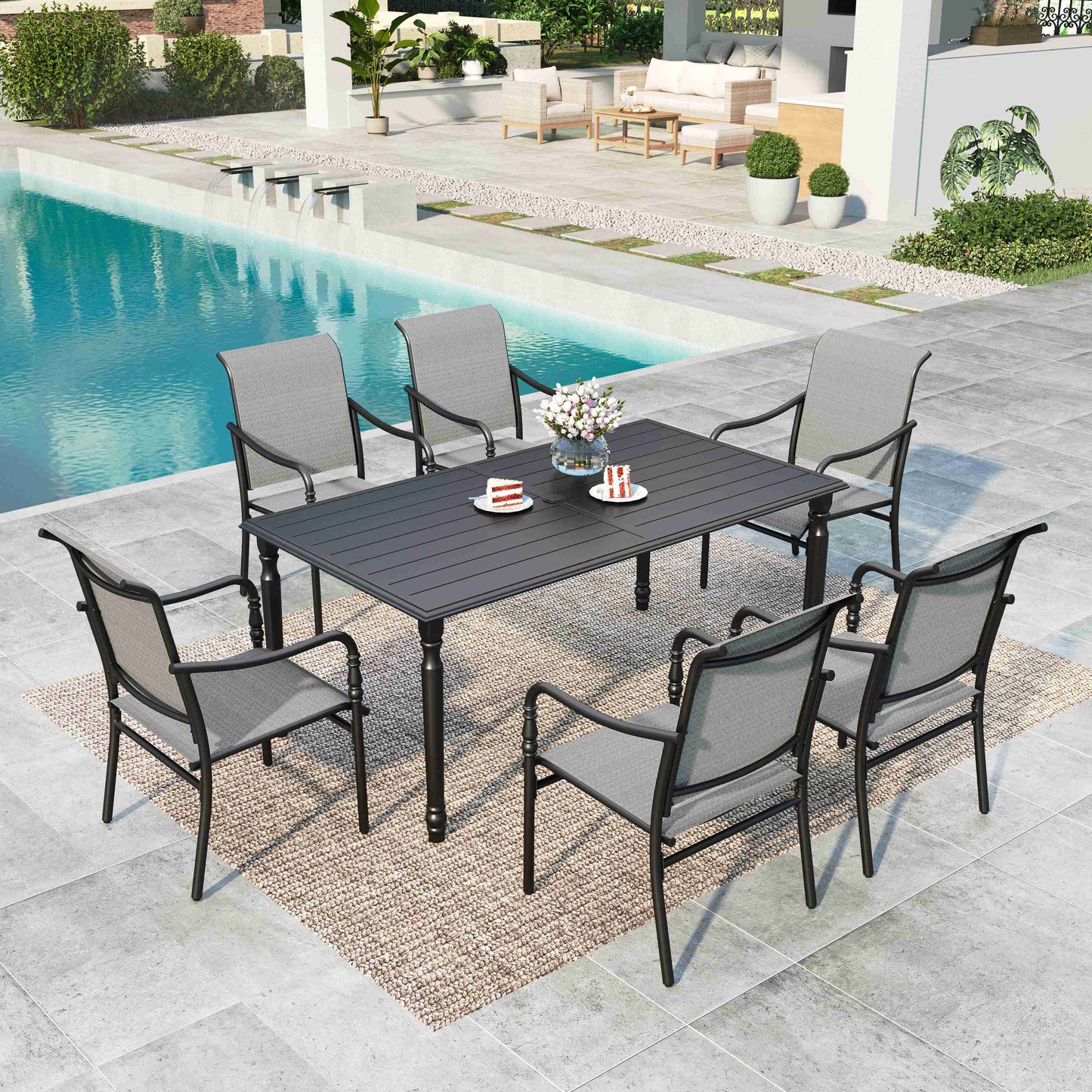 MF Studio 7-Piece Outdoor Patio Dining Set with 6 Textilene Chairs & Large Rectangular Table, Neoclassical Style, Black & Brown-Gray