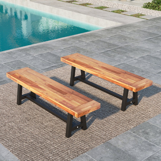 MF Studio 2PCS Patio Wood Benches Patio Bench Chairs Suitable for 4 People, Steel Frame