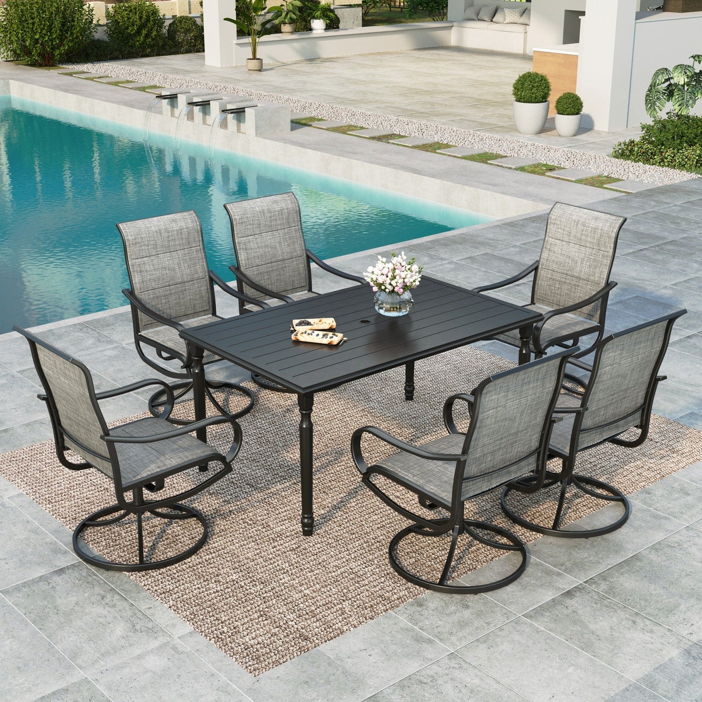 MF Studio 7-Piece Outdoor Patio Dining Set with High-Back Padded Swivel Chairs and Rectangular Table, Gray and Black