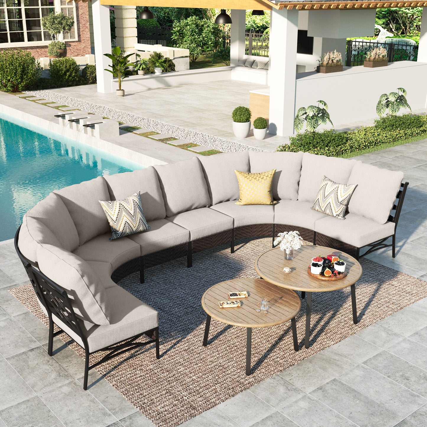 Summit Living 8-seat Patio Furniture Set, Half-moon Outdoor Sectional Set Conversation Set with 2 Nesting Round Wood-grain Coffee Table, Black & Beige