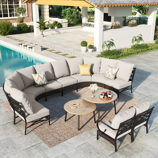 Summit Living 10-seat Patio Furniture Set, Half-moon Outdoor Sectional Set Conversation Set with 2 Nesting Round Wood-grain Coffee Table, Black & Beige