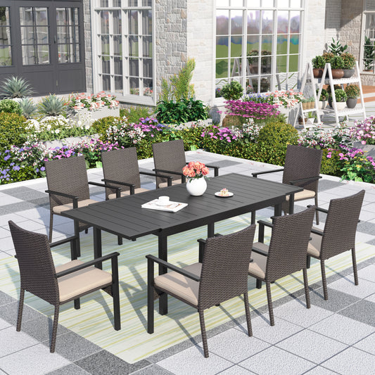 MF Studio 9 piece Patio Dining Set with Extendable Table and 8 Wicker Chairs