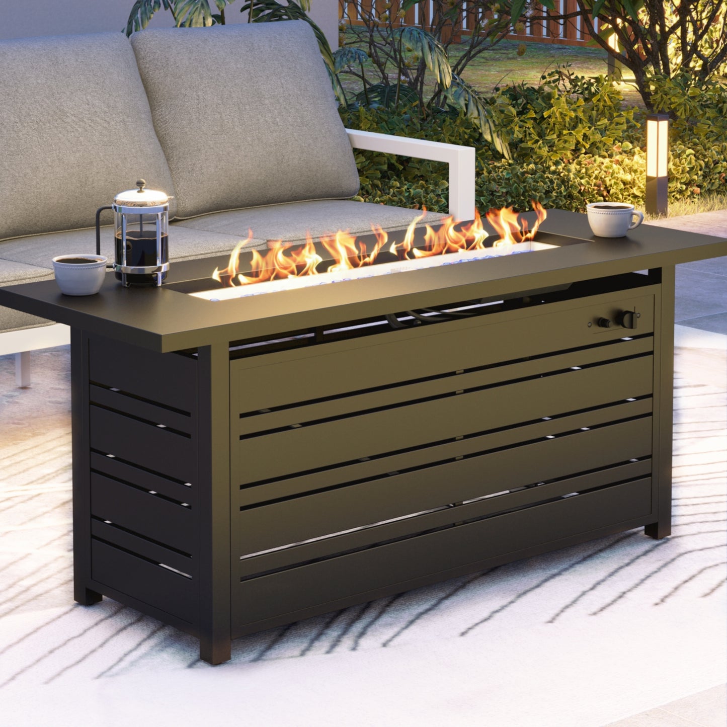 Summit Living 56 inch Rectangular Fire Pit Table, Gas Fire Pit with Blue Fire Glass and Lid, Black