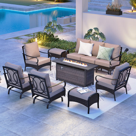 MF Studio Outdoor Patio furniture Set with 56" Fire Pit Table, 8-Piece Wicker Outdoor Conversation Set with Rocking Chairs & Ottomans, Patio Fire Pit Set for 9-People, Beige Cushions