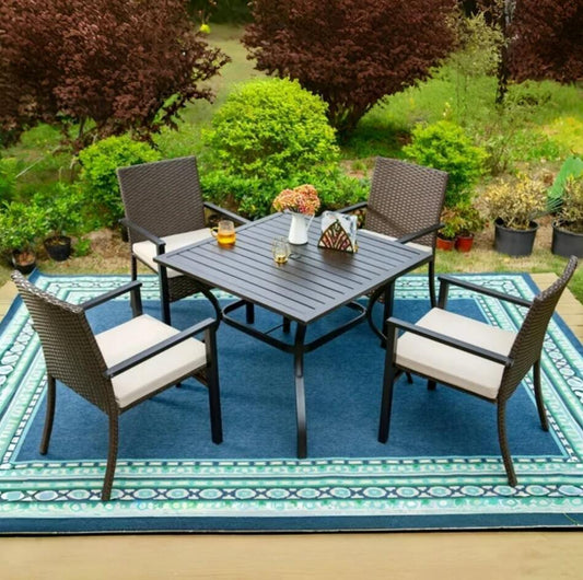 MF Studio 5-Piece Outdoor Patio Dining Set with 4 Wicker Cushioned Chairs & 1 Square Table, Umbrella Support, Black & Dark Brown