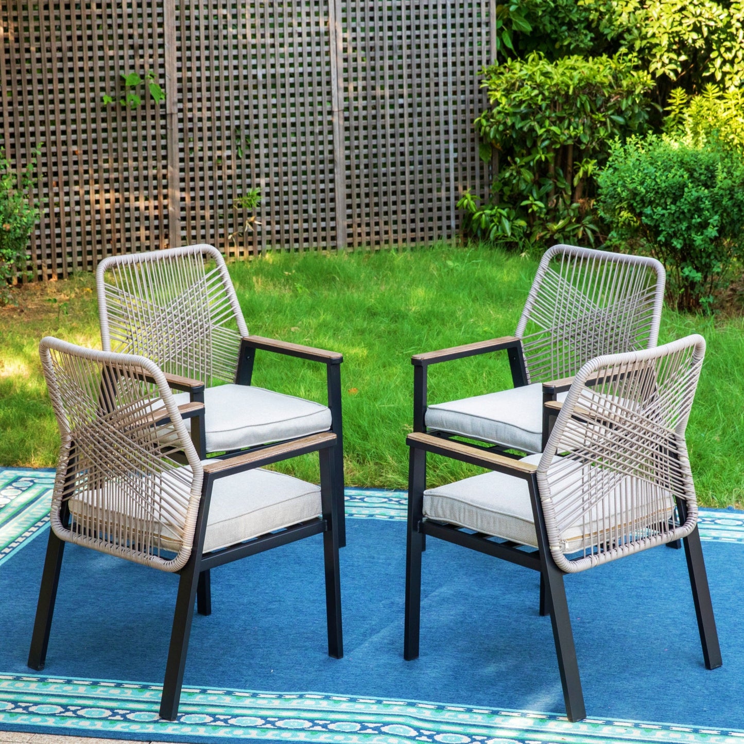 Summit Living Set of 4 Outdoor Dining Chair with Hand-Woven Rattan Backrest and 3.1¡± Cushion, Black and Beige