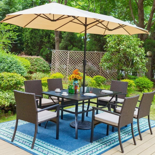 MF Studio Outdoor Set with 13 ft Double-Sided Umbrella, 6 Wicker Cushioned Chairs & Rectangular Table, Black, Brown & Beige