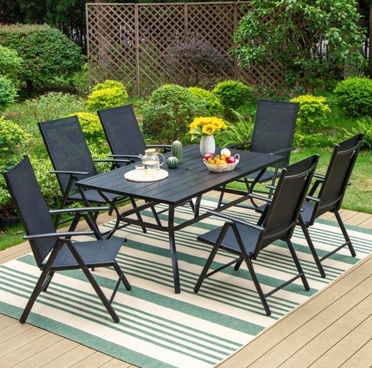 MF Studio Patio Dining Set for 6, 7-Level Adjustable High Back Aluminum Folding Chairs & Metal Steel Table, Black