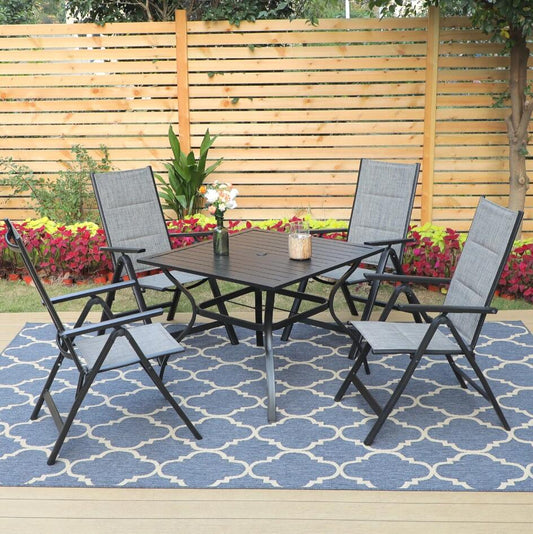 MF Studio 5-Piece Utralight Aluminum Outdoor Patio Folding Dining Set with 7-Level Adjustable Chairs&Square Table for Dinner&Party, Gray