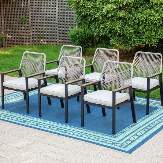 Summit Living Set of 6 Outdoor Dining Chair with Hand-Woven Rattan Backrest and 3.1¡± Cushion, Black and Beige