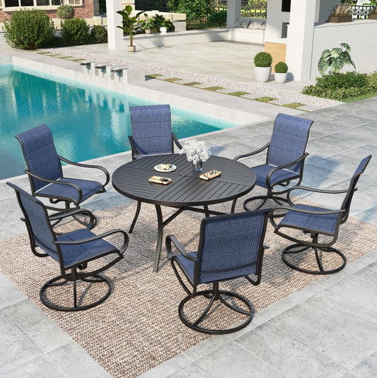 MF Studio 7-Piece Patio Dining Set with Large Round Table for 6-Person, Padded Quick-Dry Textilene Seat, Blue