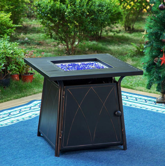 MF Studio 28 Gas Fire Pit Table with 50,000 BTU Heat Output & Blue Fire Glass, Black