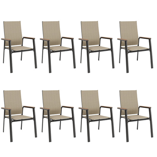 Summit Living Set of 8 Outdoor Patio Dining Stackable Chairs with Aluminum Frame & Textilene Seat, Black & Beige