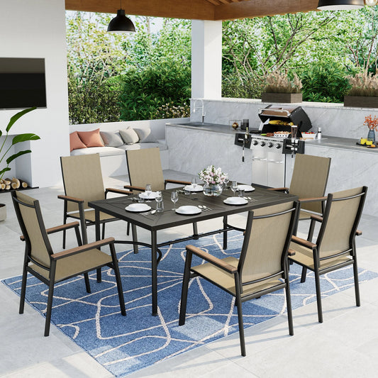 Summit Living 7-Piece Modern Outdoor Patio Dining Set with 6 Stackable Beige Aluminum Armchairs & 1 Black Metal Steel Rectangular Table with Umbrella Hole