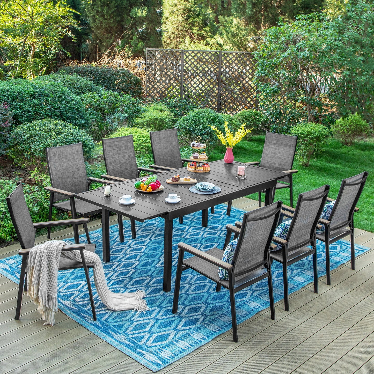 Summit Living 9 Pieces Outdoor Patio Dining Set with 8 Aluminum Stackable Armchairs and 1 Metal Expandable Table, Black & Gray