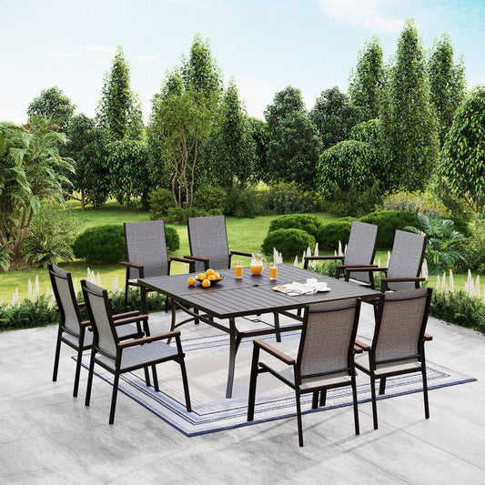 Summit Living 9-Piece Outdoor Patio Dining Set with 8 Aluminum Stackable Armchairs and 1 Metal Steel Table,Black&Gray