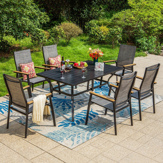 Summit Living 7-Piece Outdoor Patio Dining Set with 6 Pieces Aluminum Stackable Armchairs & 1 Piece Metal Steel Table,Black