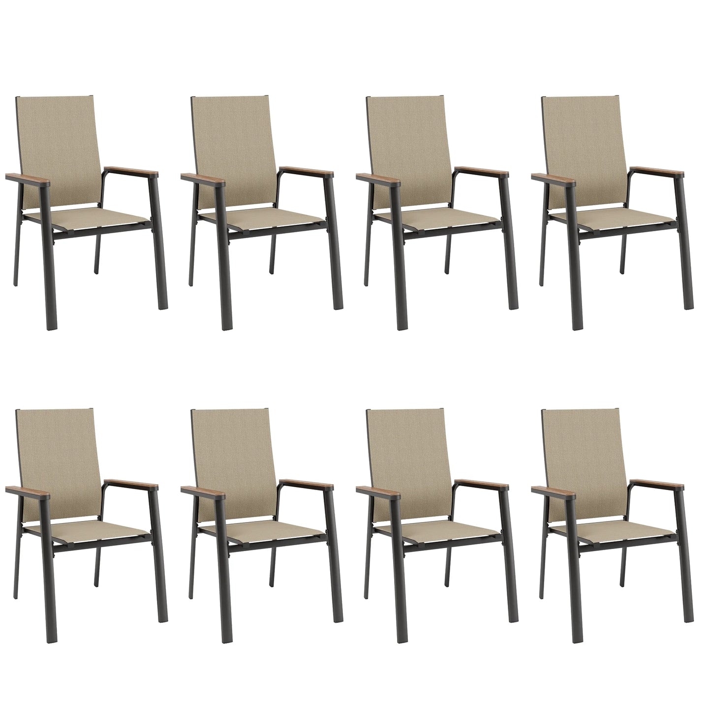 Summit Living Set of 8 Aluminum Outdoor Patio Dining Chairs with Textilene Seat, Stackable Outdoor Chairs, Black & Beige