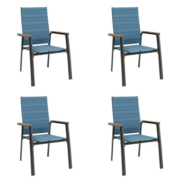 Summit Living Set of 4 Outdoor Patio Dining Stackable Chairs with Aluminum Frame & Textilene Seat, Black & Blue